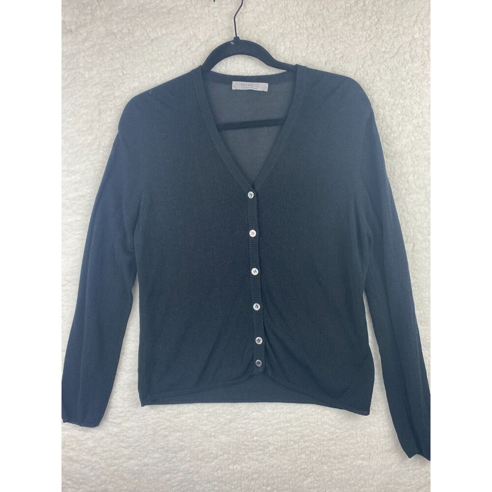 Hawico of Scotland Cardigan Sweater L Black V-Neck Button Front Viscose & Cotton